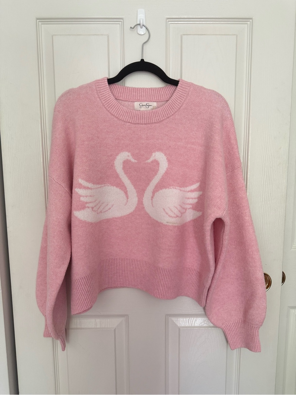 Jessica Simpson Pink Crewneck Sweater with White Swan Motif